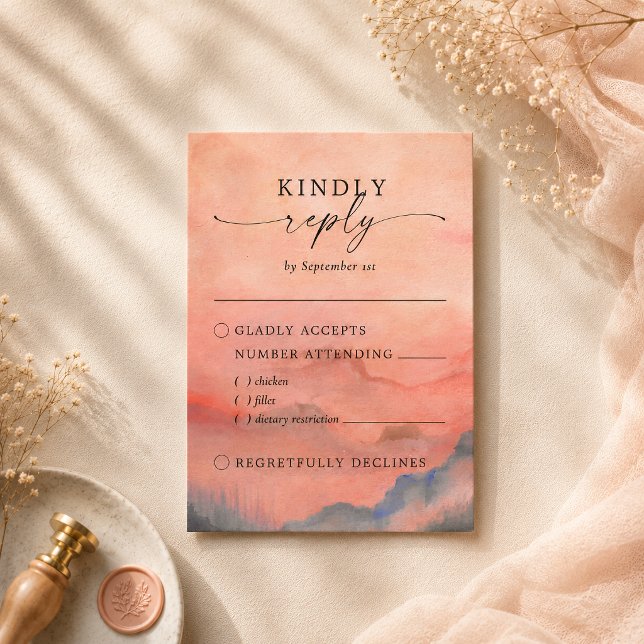 Rustik Fjellnedgång Vattenfärg Måltidsval OSA Kort (Set the tone of your rustic wedding with this mountain-inspired RSVP featuring a watercolor sunset.)