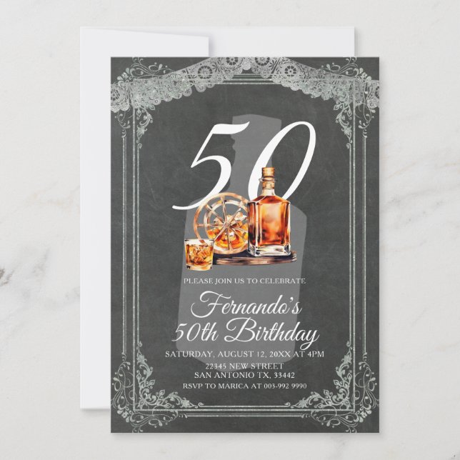 Rustik flaska whisky 50-års födelsedagsfirande inbjudningar (Framsida)