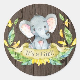 Rustik flicka elefant baby shower gul runt klistermärke