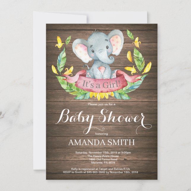 Rustik flicka elefant baby shower inbjudan (Framsida)