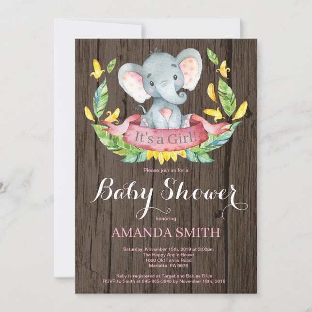 Rustik flicka elefant baby shower inbjudan (Framsida)