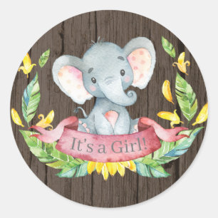 Rustik flicka elefant baby shower rosa runt klistermärke