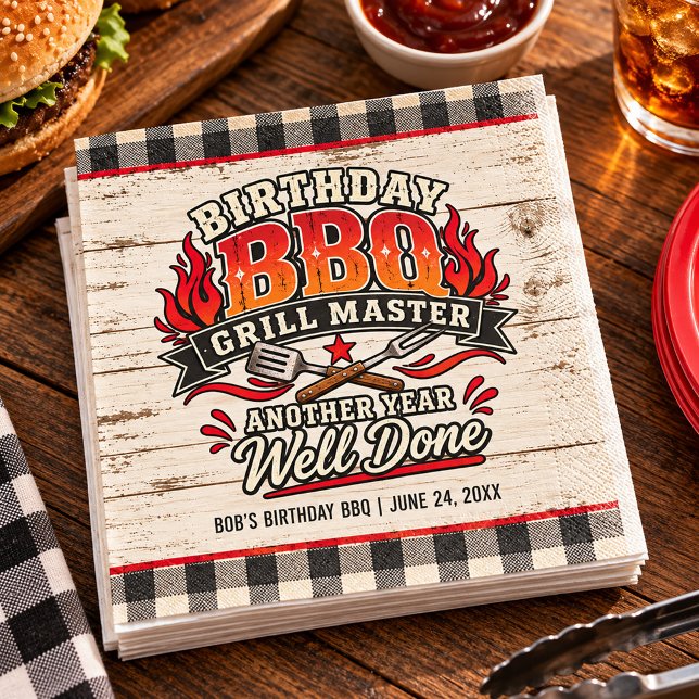 Rustik Födelsedagsfest för Grillmästare BBQ Pappersservett (BBQ Grillmaster birthday party paper napkins)