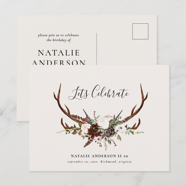 Rustik födelsedagsfest med löv och hjorthorn  meddelande vykort (Fram/baksida)