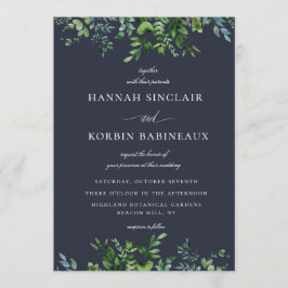 Rustik Forest Foliage Gräns marinblå Bröllop Inbjudningar