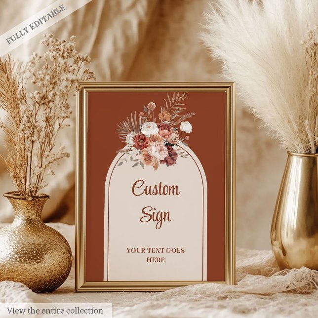 Rustik Forest Grönt Guld Löv Bröllop Anpassningsba Poster (Elegant Terracotta Pampas Sage Boho Arch Custom Sign)