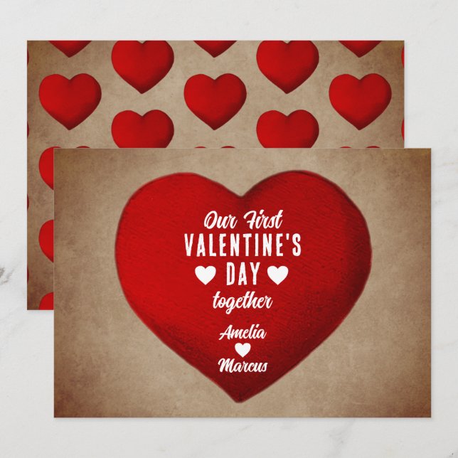 Rustik första Alla hjärtans dag tillsammans röd hj Julkort (Fram/baksida)