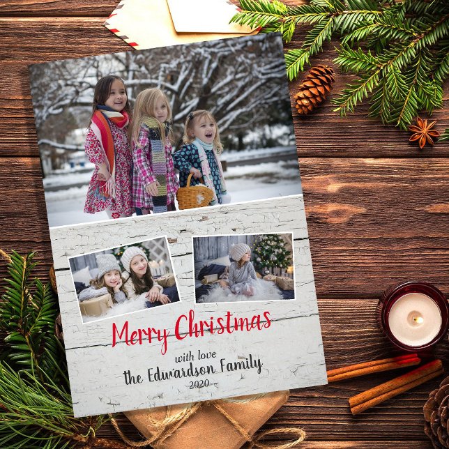 Rustik fotokollage God jul magnetiskt kort (Create your own rustic photo collage Merry Christmas magnetic card.)