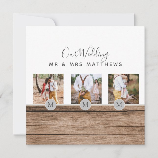 Rustik fotokollage Monogram NYGIFTA BRÖLLOP Inbjudningar (Framsida)