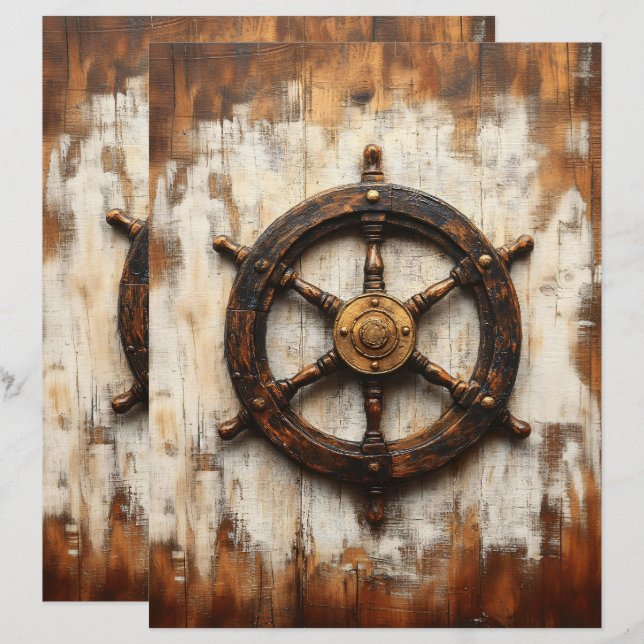 Rustik Frakt Wheel Helm Nautical Scrapbook Papper (Fram/baksida)