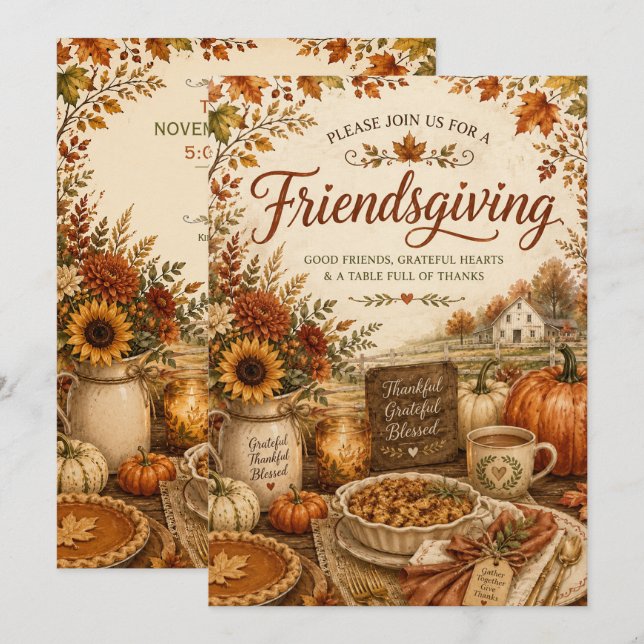 Rustik Friendsgiving Höst Dinner på Bondgård Inbjudningar (Fram/baksida)
