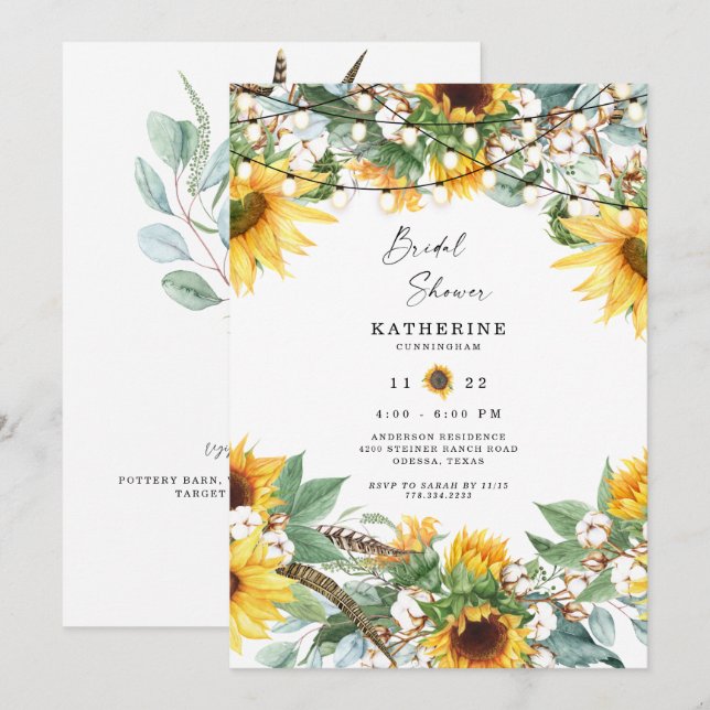 Rustik frodig solrosbukett strängljus  inbjudningar (Fram/baksida)