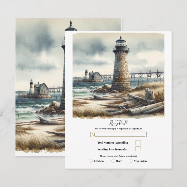 Rustik fyr vid kusten vid havet RSVP Inbjudningar (Fram/baksida)