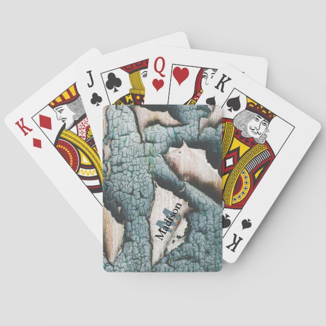Rustik gammal blågrön färg trä Anpassad monogram Casinokort (Baksidan)