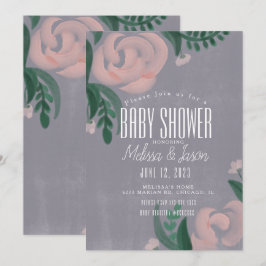 Rustik gårds Baby Shower Rosa Ros Blommig Grå Inbjudningar