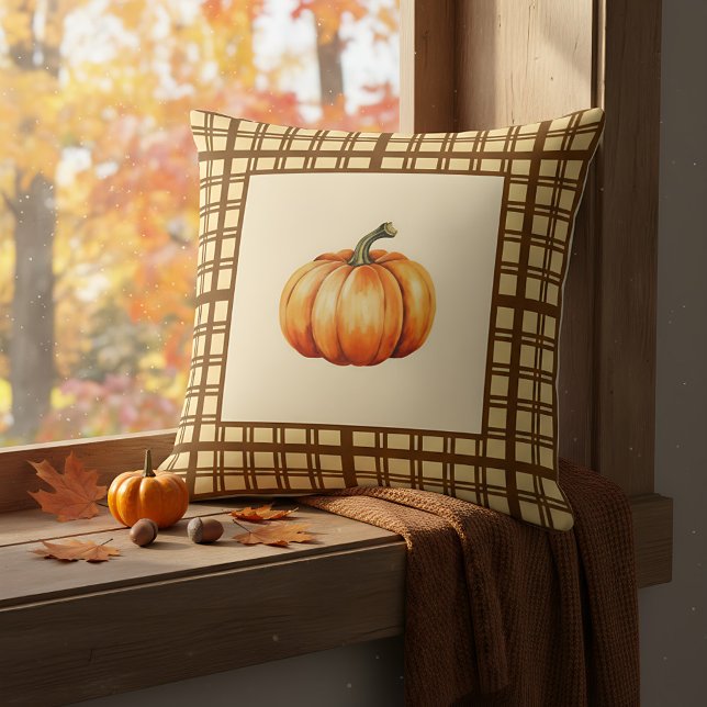Rustik gårdshus pumpa brun stuga höst accent kudde (Cozy pumpkin pillow for autumn vibes.)