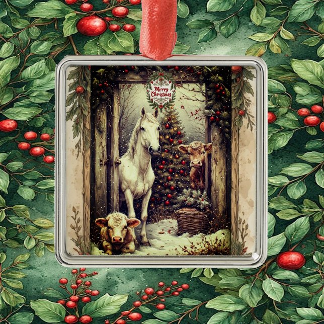 Rustik gårdskulla ko häst land jul lantlig julgransprydnad metall (Rustic Farmhouse Cow Horse Country Christmas Rural Metal Ornament)