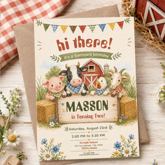 Rustik gårdstema 2-års födelsedagsfest för barn  inbjudningar (Rustic Barnyard 2nd Birthday kids Party Invitation
)