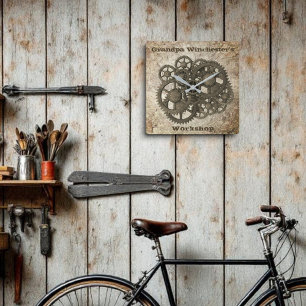 Rustik Gears Sprocket Steampunk på stenmall Fyrkantig Klocka