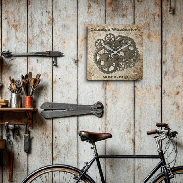 Rustik Gears Sprocket Steampunk på stenmall Fyrkantig Klocka (cluster of gears square wall clock )