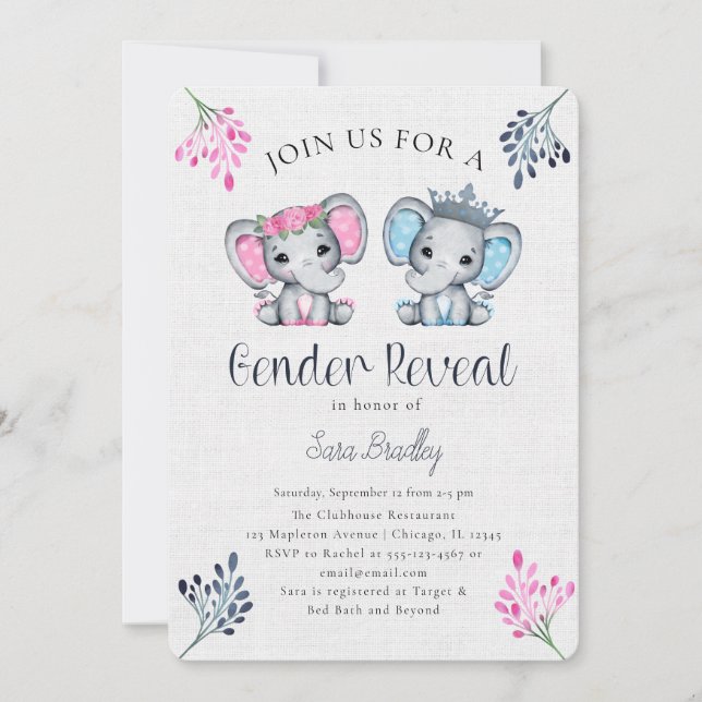 Rustik Gender Reveal burlap elephant babydusch Inbjudningar (Framsida)