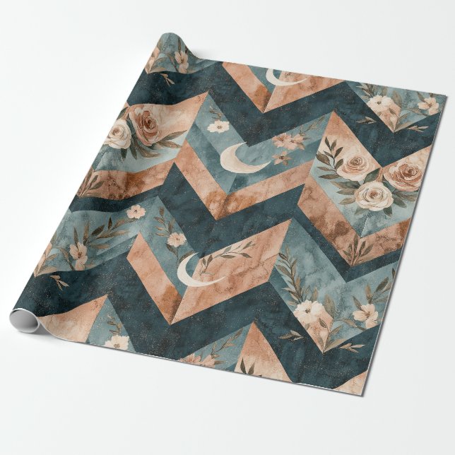 Rustik geometrisk blomma med halvmånar presentpapper (Utrullad)