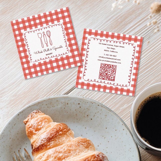 Rustik Gingham Bageri QR-kod Fyrkantigt Visitkort (Skapare uppladdad)