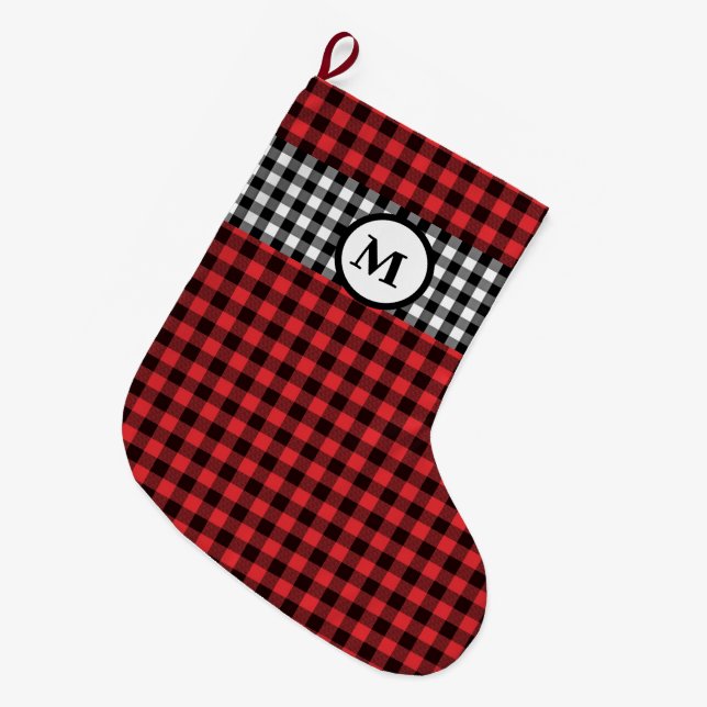 Rustik gingham buffalo check black & red monogram stor julstrumpa (Framsidan (Hängande))