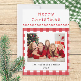 Rustik Gingham Familjefoto Röd Vit Jul Julkort