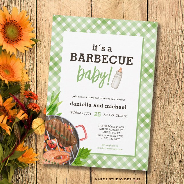 Rustik Gingham Grill Babyshower Inbjudningar (The front and back of the invitation are shown at a 5x7 inch. Choose size, paper, + corner style.)