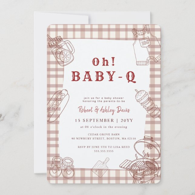 Rustik Gingham Grillfest Baby Q Baby Shower Inbjudningar (Framsida)
