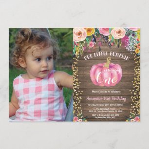 Rustik Girl Pumpkin First Birthday Blommigt Guld Inbjudningar