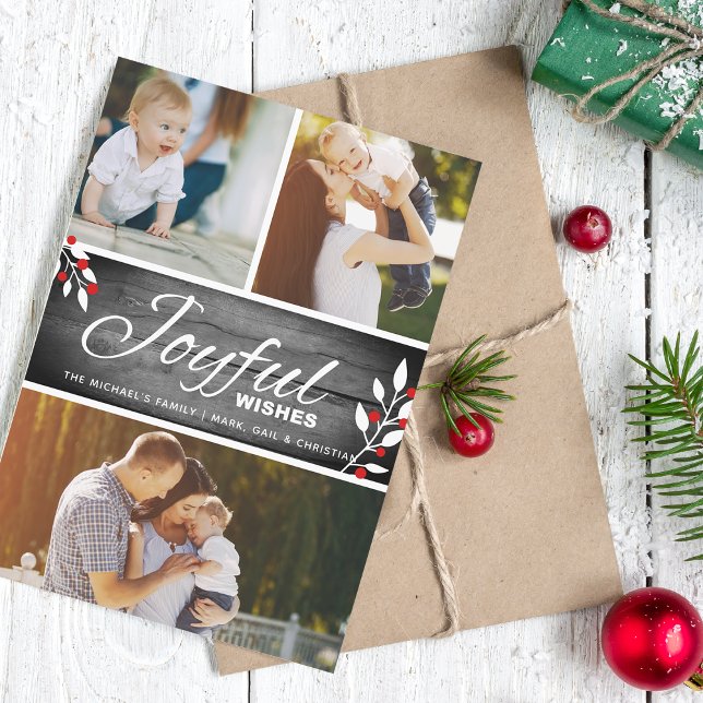 Rustik Glad Julhälsning Fotokollage Julkort (Rustic Joyful Wishes Photo Collage Holiday Card)
