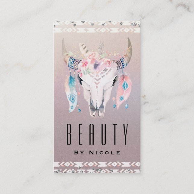 Rustik Glam Boho Blommig Ko Skalle Country Chic Visitkort (Framsida)