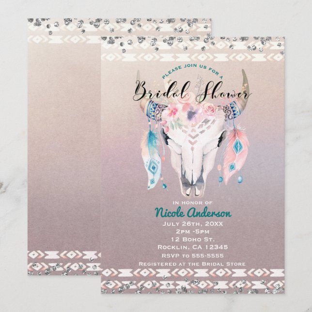 Rustik Glam Boho Blommig Koskalle Bröllopsfest Inbjudningar (Fram/baksida)