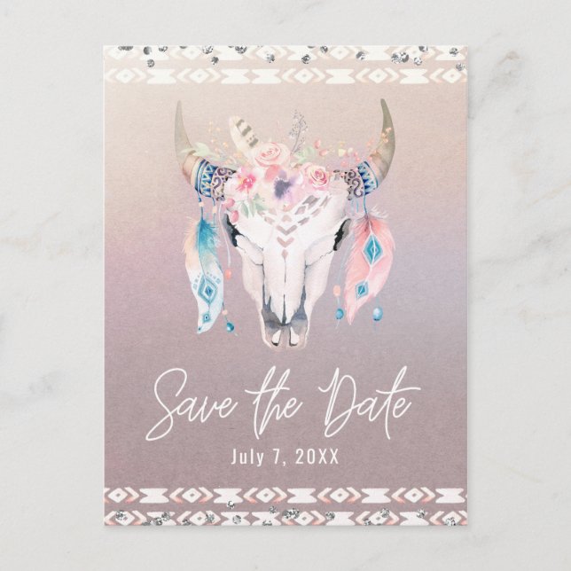Rustik Glam Boho Blommig Koskalle Spara Datum Meddelande Vykort (Framsida)
