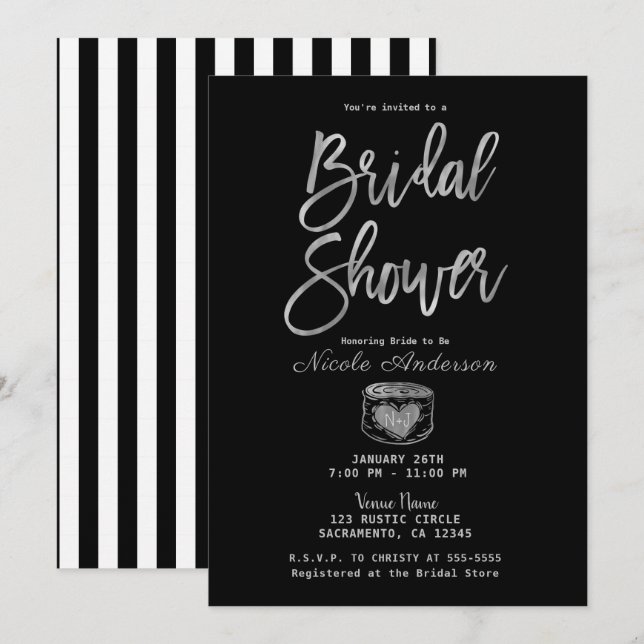 Rustik Glam Chic Silver & Ränder Bröllopsdusch Inbjudningar (Fram/baksida)