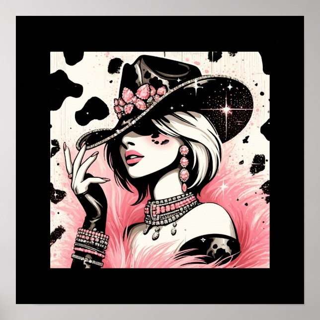 Rustik Glam Cowgirl Rosa Glitter Koholtryck Poster (Framsidan)