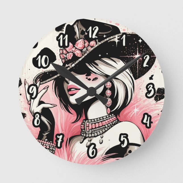 Rustik Glam Cowgirl Rosa Glitter Koholtryck Rund Klocka (Framsida)