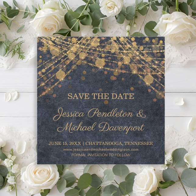 Rustik Glam Guld Strängljus Spara Datum (Rustic glam navy blue and gold string lights wedding Save the Date card)