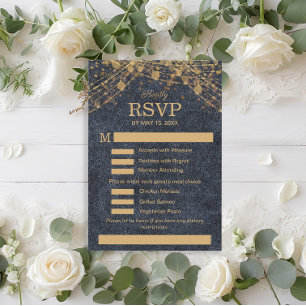 Rustik Glam Marinblå Guld Bröllopsmeny RSVP OSA Kort
