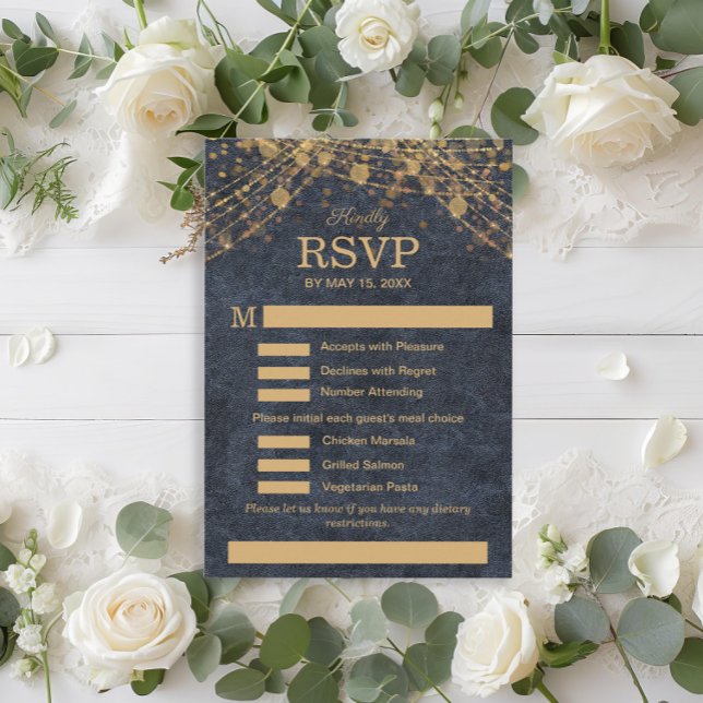 Rustik Glam Marinblå Guld Bröllopsmeny RSVP OSA Kort (Rustic glam blue gold string lights wedding RSVP/meal choice card)