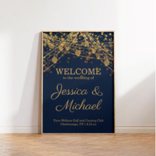 Rustik Glam Navyblå Guld Bröllop Välkommen Poster