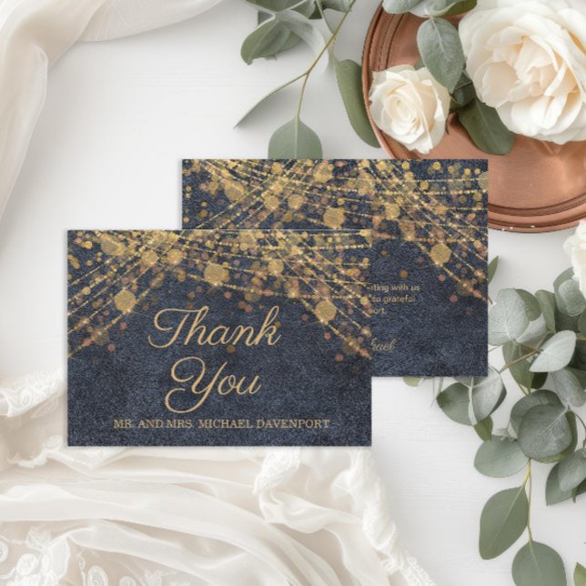 Rustik Glamour Blå Guld Stränglyktor Bröllop  Tack Kort (Rustic chic navy blue and gold string lights wedding Thank You card)