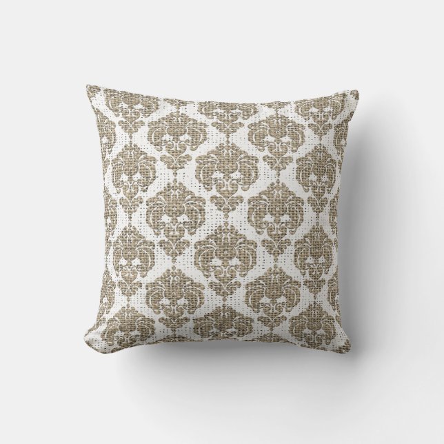 Rustik Glamour Jute Kunglig Damask Chic Modern Kudde (Framsida)