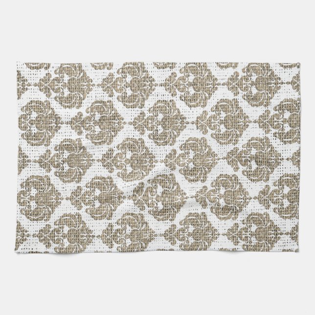 Rustik Glamour Jute Kunglig Damast Chic Modern Kökshandduk (Horisontell)