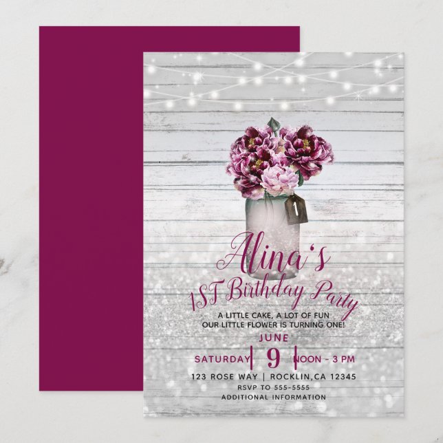 Rustik Glamour Trä Murkla Blommor 1-års Födelsedag Inbjudningar (Fram/baksida)