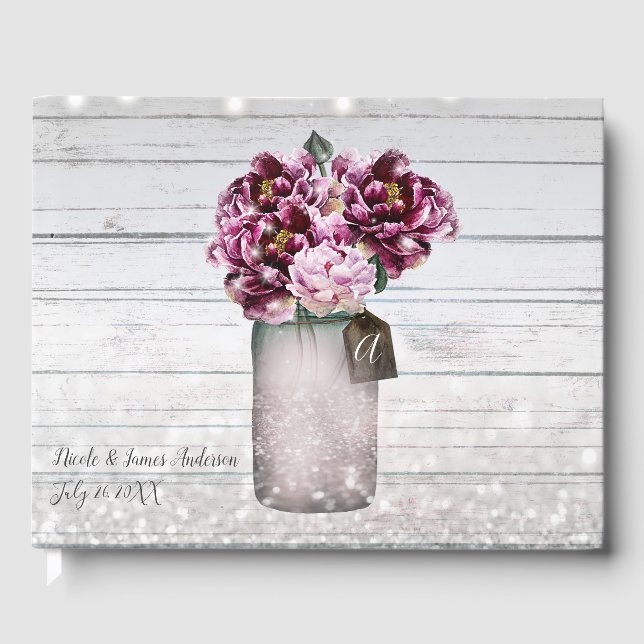 Rustik Glamour Trä & Vinröd Murgröna Blomsterarran Gästböcker (Framsida)