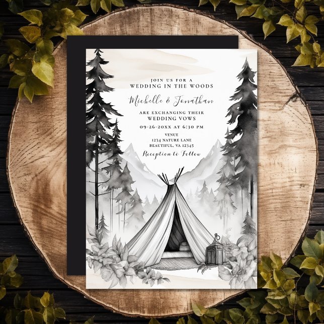 Rustik Glamping Camping Mountain Forest Bröllop Inbjudningar (Rustic Elegant Glamping Camping Mountain Forest Invitation)