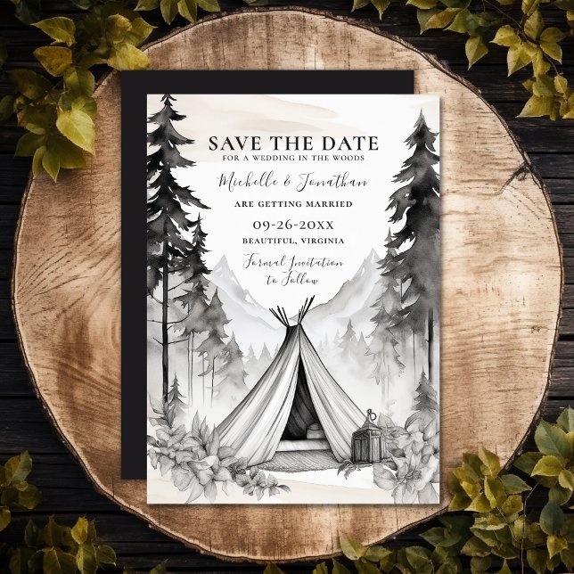 Rustik Glamping Camping Mountain Forest Bröllop Spara Datumet (Rustic Glamping Camping Mountain Forest Wedding Save The Date)